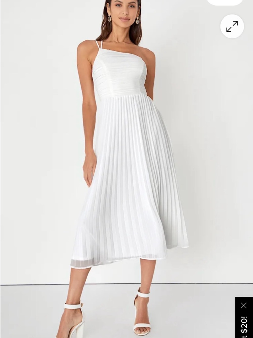 Lulu's White Pleated Midi Dress with One-Shoulder Straps